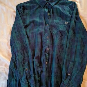 Vineyard Vines Women's Blue and Green Plaid Button Down Shirt Size 4